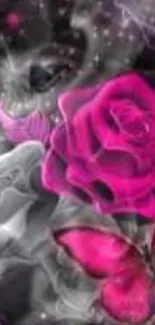 Gothic wallpaper with pink roses and butterflies.