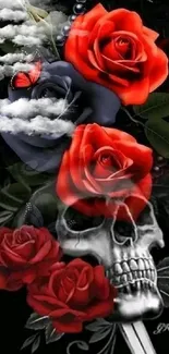 Gothic wallpaper with roses and skull.