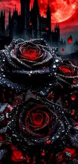 Gothic roses with dew under a red moon.