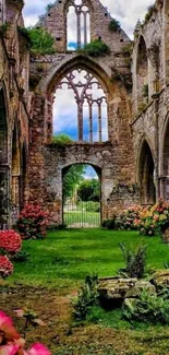 Gothic ruins garden with stone arches and lush greenery.