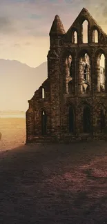 Gothic ruins at sunset wallpaper scene.