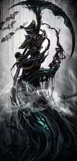 Gothic reaper with scythe and bats in a dark, mysterious wallpaper.