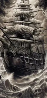 A gothic ship surrounded by skulls and waves in monochrome art style.