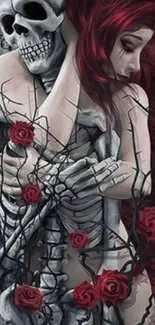 Gothic skeleton hugging woman with red roses and thorny vines.