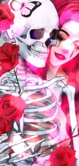 Gothic art with skeleton, woman, and roses.