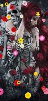 Gothic art of a skeleton hugging a woman surrounded by roses.