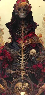 Gothic skeleton art with roses and intricate dark details.