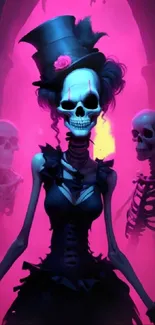 Gothic skeleton in top hat with pink background