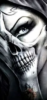 Gothic skeleton artwork with eye and cross earring in monochrome hues.