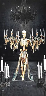 Gothic skeleton holding candle chandeliers in a dark setting.