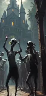 Skeletons dance before a gothic castle at night.