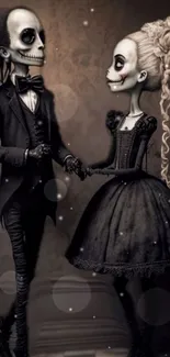 Gothic skeleton couple dancing in elegant attire.