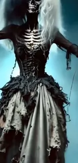Gothic skeleton in tattered dress mobile wallpaper.