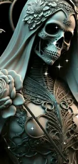 Gothic artwork of a skeleton with floral designs and ornate details.