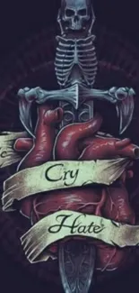 Gothic skeleton and heart art with 'Die, Cry, Hate' banner.