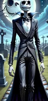 Gothic skeleton in a graveyard at night.