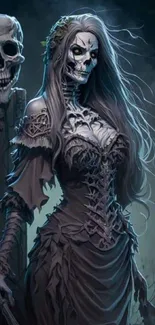 Gothic skeleton lady in detailed dress with flowing hair in dark fantasy art.