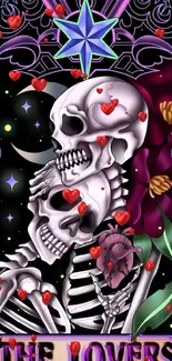 Gothic art wallpaper with skeleton lovers and floral accents.