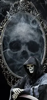 Gothic themed mobile wallpaper with skeleton and ornate mirror.