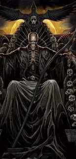 Gothic skeleton on throne with a dark, eerie ambiance and detailed skulls.