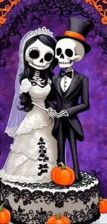 Gothic skeleton bride and groom on wedding cake with pumpkins.