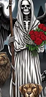 Gothic skeleton with wings holding roses at night.
