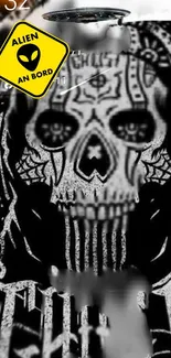 Gothic skull with alien theme on black wallpaper.