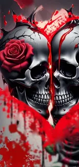 Gothic heart design with skulls and red rose on a dark background.