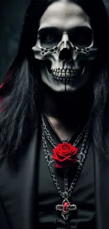 Gothic wallpaper featuring skull and red rose necklace.