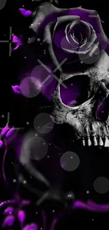 Gothic skull with purple rose wallpaper.