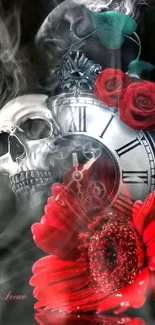 Gothic wallpaper with skull, clock, and red roses.