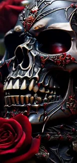 Gothic skull with red roses mobile wallpaper