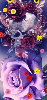 Gothic skull and roses with purple flower