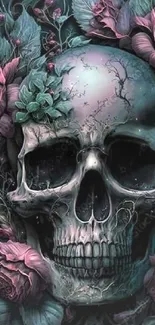 Gothic skull with roses creates a striking smartphone wallpaper.