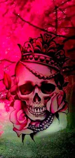 Gothic skull with roses and crown in a pink forest.