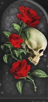 Gothic skull surrounded by red roses on a dark background wallpaper.