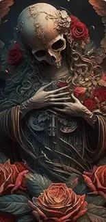 Gothic art wallpaper with skull and red roses.