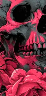 Dark gothic skull with vibrant roses and spiders wallpaper.