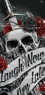 Gothic skull with roses and text design mobile wallpaper.