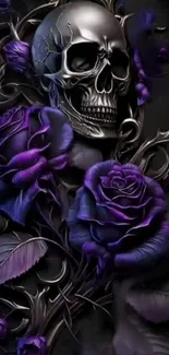 Gothic skull with purple roses on dark background.