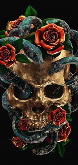 Golden skull with serpents and red roses on black background.