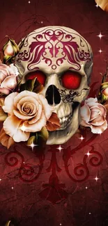 Gothic skull with roses on a dark red background wallpaper.