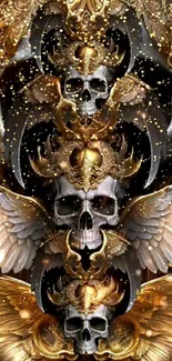 Gothic skull with angel wings in gold theme wallpaper.