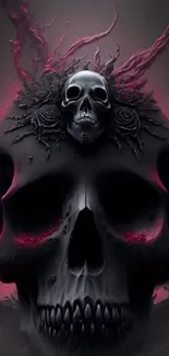 Gothic skull mobile wallpaper with pink highlights and dark tones.