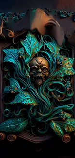 Gothic wallpaper featuring a skull and teal leaves.