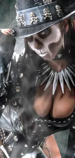 Gothic figure in dark attire with skull theme and bone necklace.