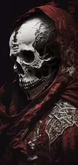 A detailed Gothic skull with red cloak and armor design.