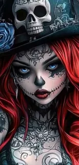 Gothic art wallpaper with skull makeup and red hair.
