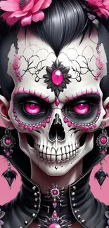 Gothic skull art with pink accents and black detailing.