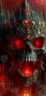 Gothic skull with red glow in a fantasy castle setting.